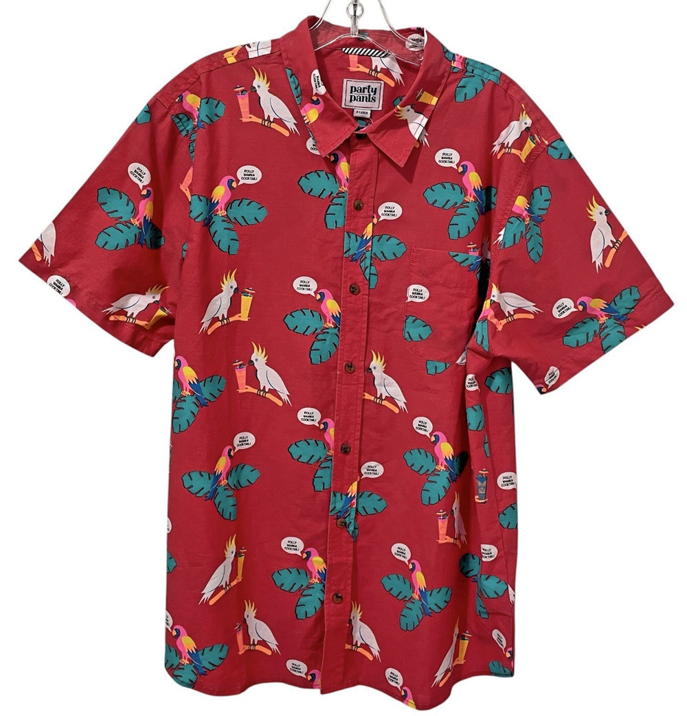 NWT Party Pants Mens XL Red Polly Wanna Cocktail Hawaiian Resort Button Up Shirt